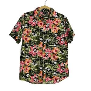 Disney Mickey Mouse Hawaiian Floral Print Hibiscus Short Sleeve Button Up Shirt